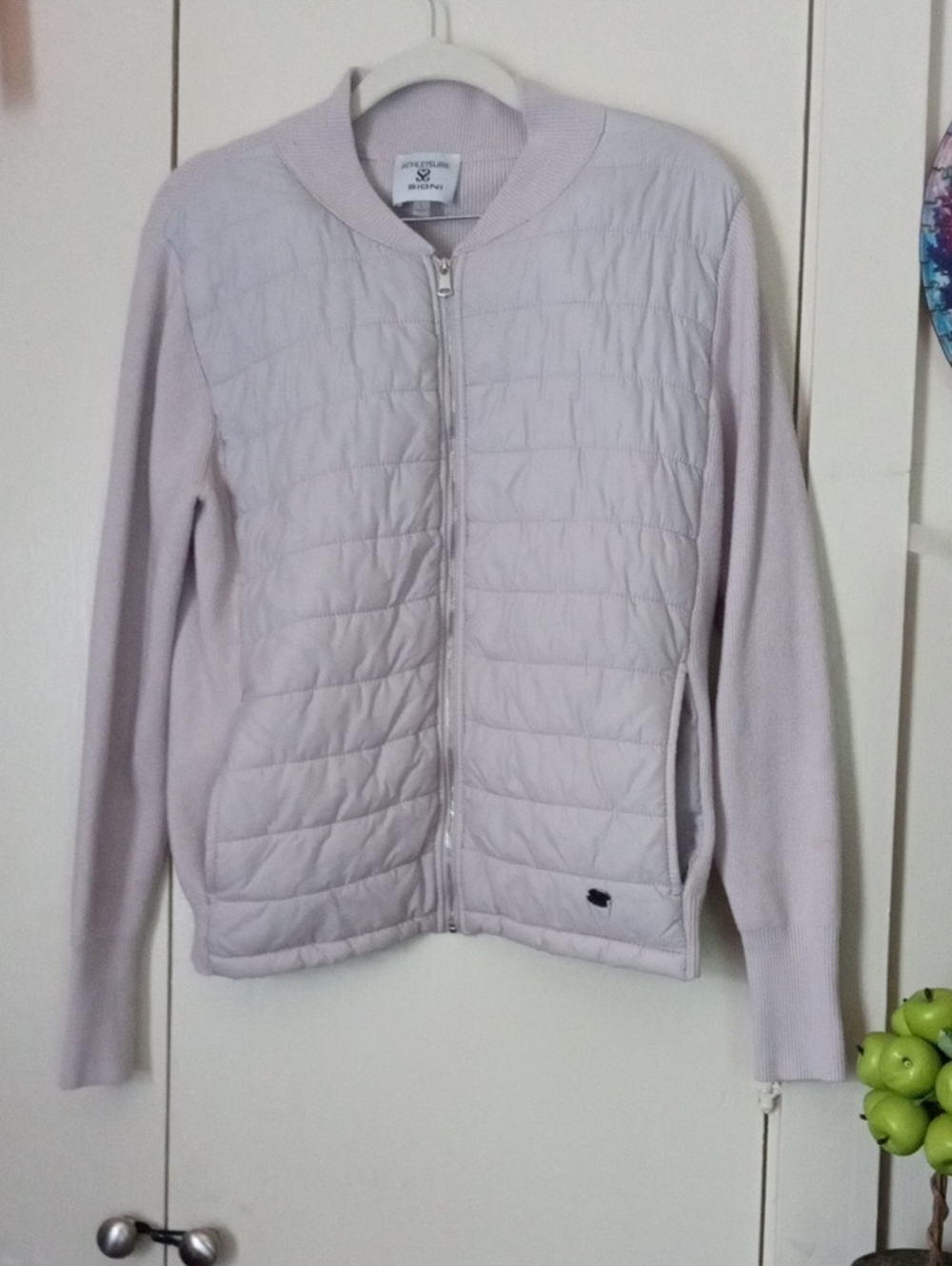 Sioni Grey Quilted Zip-Front Women's Jacket with Knit Collar & Sleeves Large